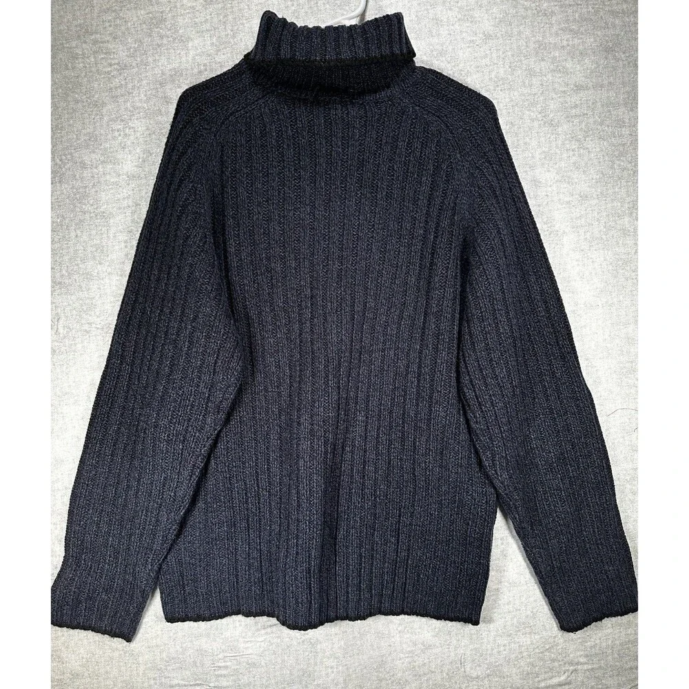 Ravi Bajaj Cable Knit Turtle Neck Sweater Navy Blue Black Trim Men’s Size XL